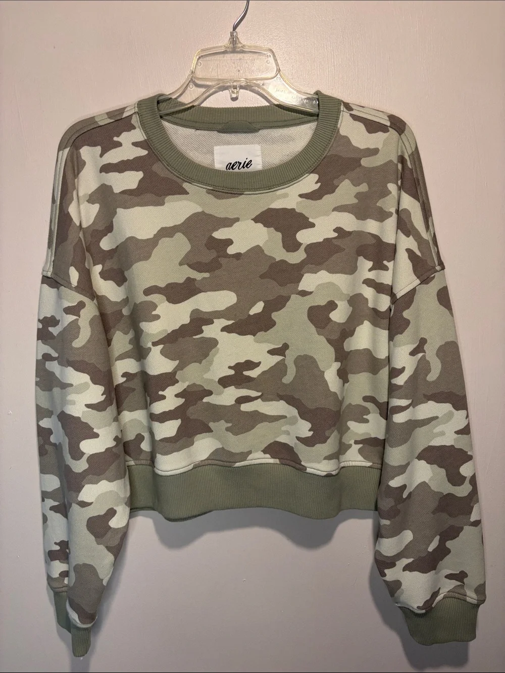 Aerie Cropped Boxy Green Camo Long Sleeve Crew Neck Pullover Sweater Size S